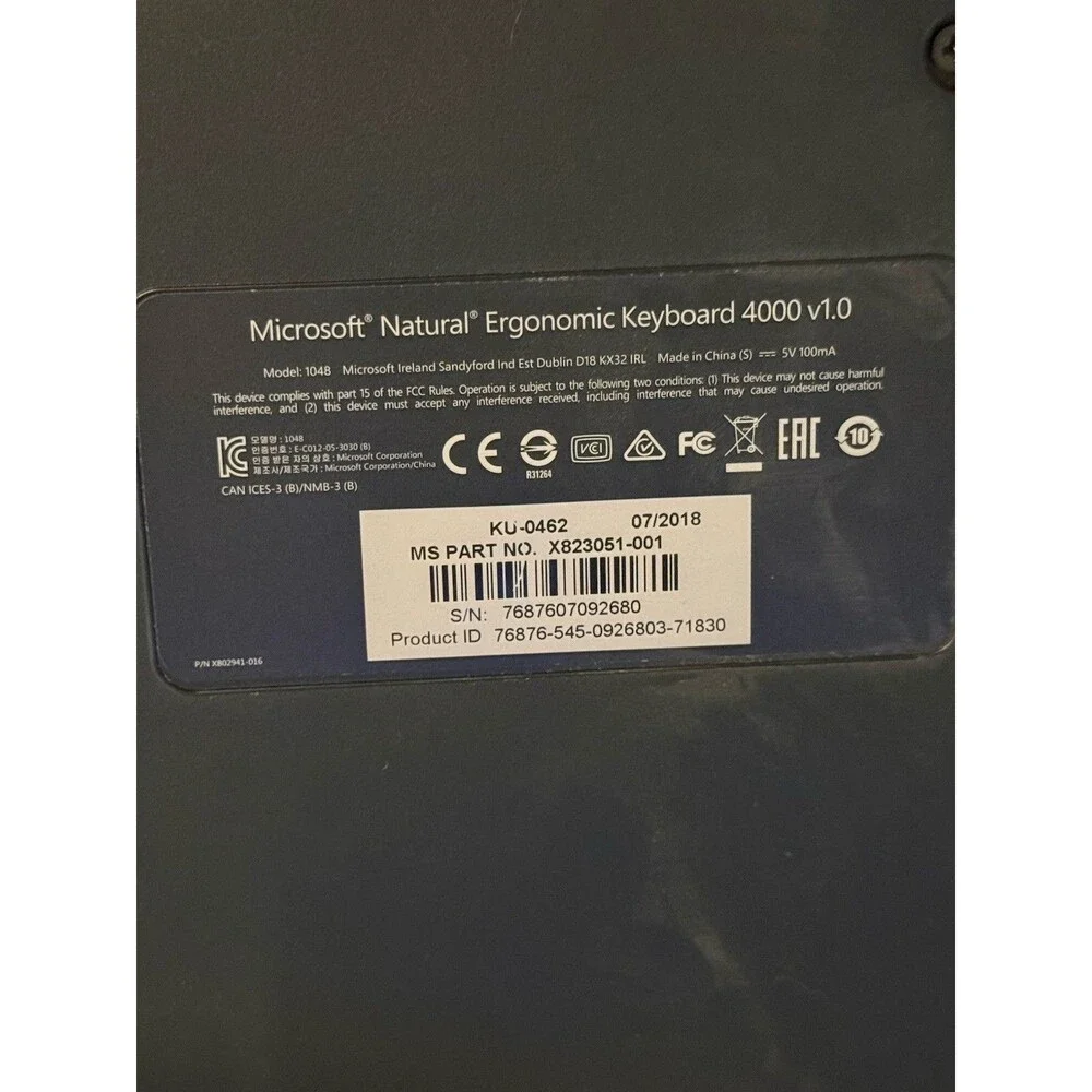 Microsoft Natural Ergonomic Keyboard 4000 v1.0 USB Wired Black Gray KU-0462!